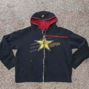 Y2K Rockstar Energy Hoodie Black Distressed Full Zip Jacket Size L